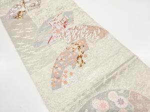 アンティーク　地紙に御所車・群鶴・楓模様織り出し袋帯（着用可）